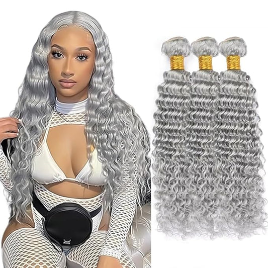Gray Human Hair Bundles Grey Deep Wave Bundle Pure Grey Bundles 22 24 26 Inch Niegmeag Double Weft Silver Bundle Hair Weave 300g