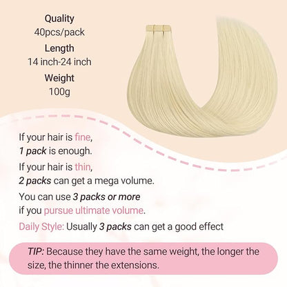 MAXITA Tape in Hair Extensions Human Hair Platinum Blonde 24 Inch 100g 40pcs Thick Ends Remy Seamless Straight Human Hair Extensions Invisible Tape in Extensions Human Hair