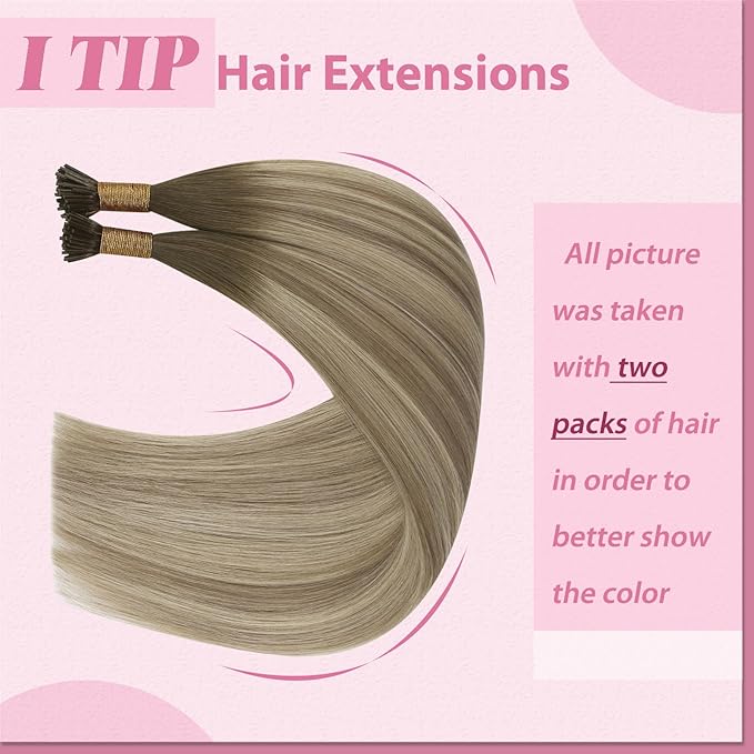 YoungSee I Tips Hair Extensions Ombre Itips Hair Extensions Human Hair Ombre Dark Brown to Light Brown with Blonde Tip Extensions Balayage 20In Keratin Hair Extensions Volume-Adding 50s 50g