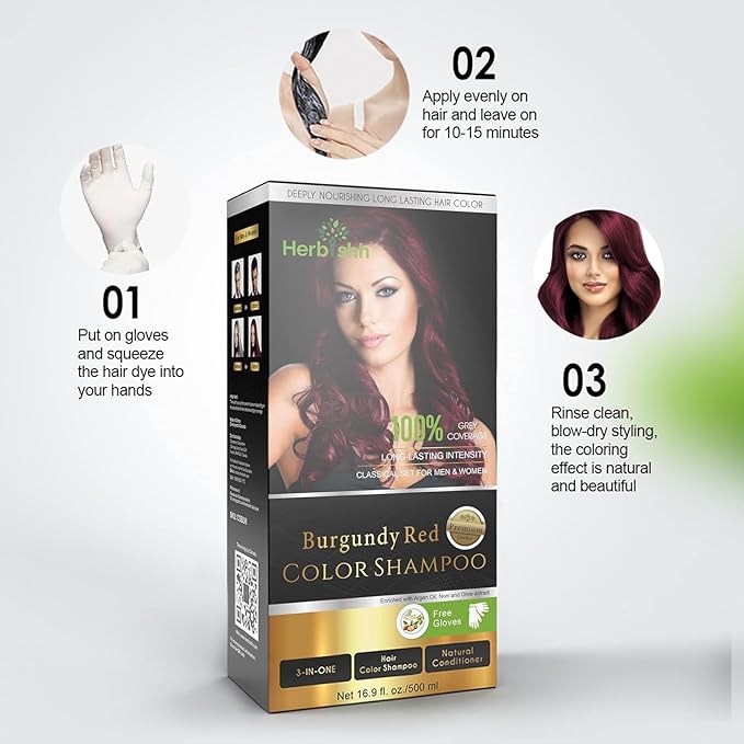 Herbishh Burgundy Hair Dye Shampoo 3 In 1- Color Shampoo For Gray Hair Coverage 500 ML, Argan Oil & Pro Keratin Deep Conditioning Hair Mask 150gm and Ginger Essential Oil Serum For Hair Growth 30ml