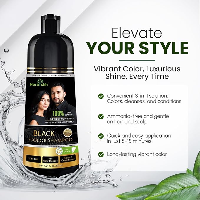 Herbishh Black Shampoo, Hair Dye Shampoo 3 in 1, 100% Grey Coverage, Demi-Permanent Hair Color for Men & Women, Long-lasting Color in 5-15 Mins, Ammonia-free, 200 ml