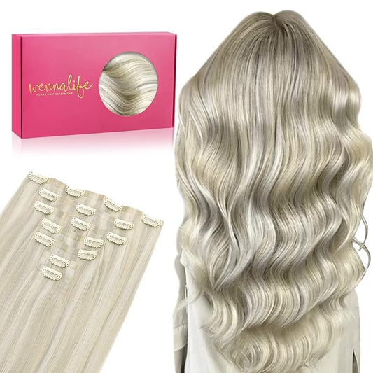 WENNALIFE Seamless Clip In Hair Extensions, 22 Inch 7pcs 150g Ash Blonde Highlighted Platinum Blonde Human Hair Extensions, Invisible PU Weft