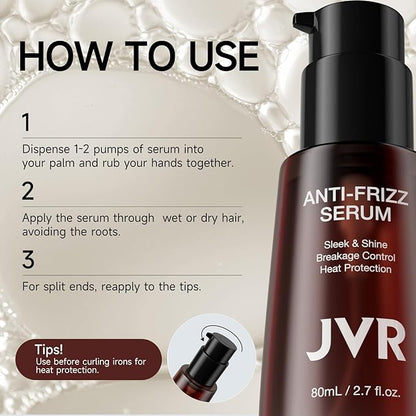 JVR Hydrating Hair Serum for Frizzy and Damaged Hair，Heat Protectant Oil for Frizz Control, Keratin Hair Treatment Essence for Damaged Dry Hair Jojoba Oil, Castor Oil, Anti Frizz Hair Product 2.7 oz
