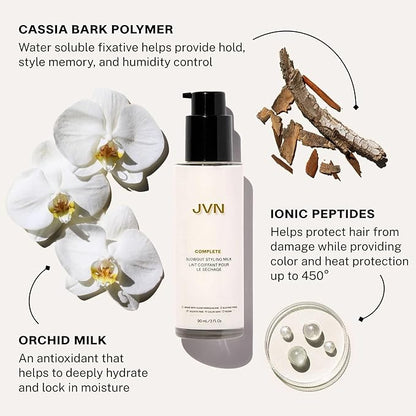 JVN Complete Blowout Styling Milk Heat Protector Cream, Style Memory, Anti-Humidity, Smooths & Protects, 3 Fluid Ounces