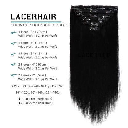 Lacer Hair Extensions Clip in Human Hair Jet Black #1 120g 7pcs Per Set Silky Straight 100% Clip in Hair Extensions Remy Human Hair 14 Inch