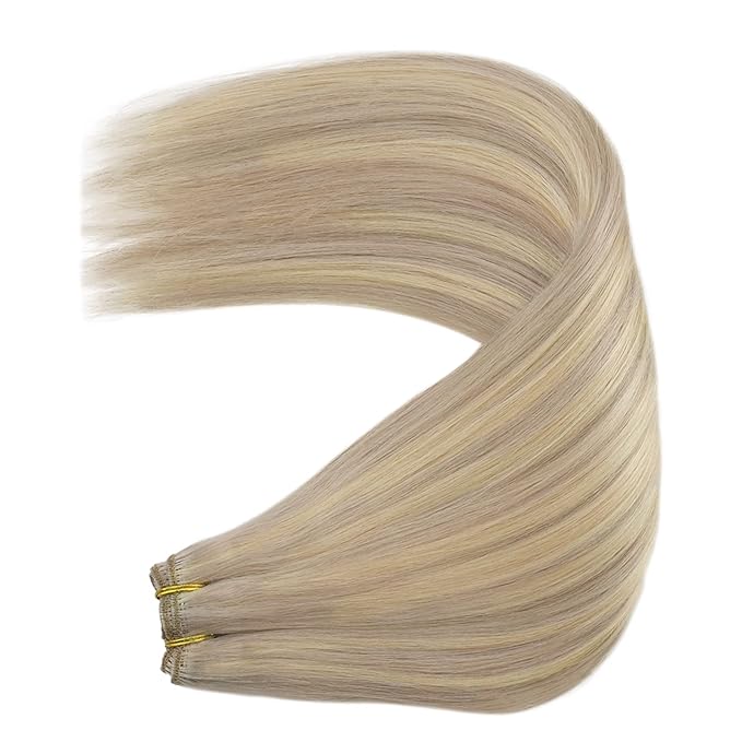 YoungSee Weft Hair Extensions, Highlight Sew in Hair Extensions Real Human Hair, Warm Ash Blonde Highlights Bleach Blonde Highlights Sew in Weft Hair Extensions Human Hair 18Inch 100G