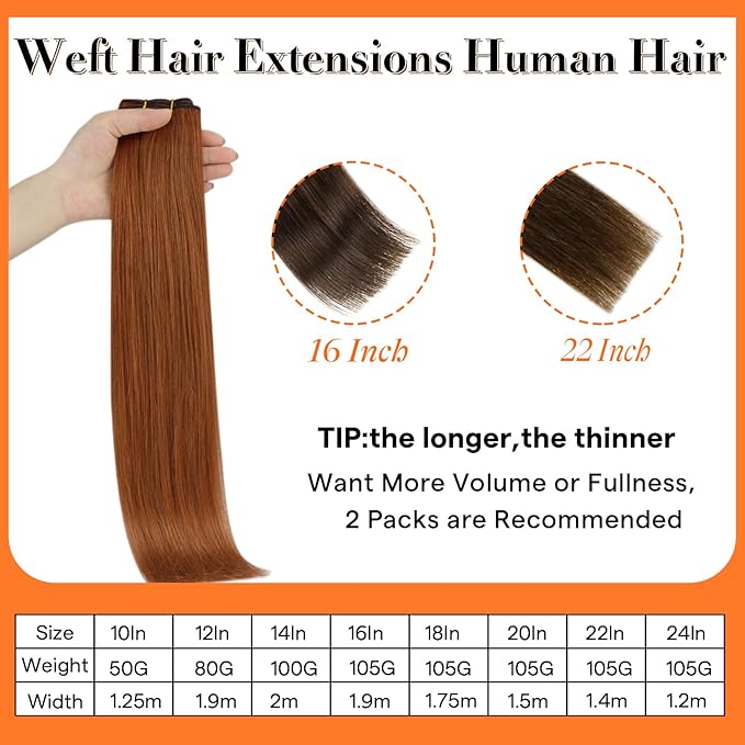 Full Shine Copper Hair Extensions Sew In Hair Extensions Real Human Hair For Women Color Copper Brown Double Weft Extensions Remy Straight Hair Invisible Sew In Extensions 14 Inch 100G