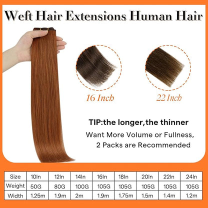 Full Shine Copper Hair Extensions Sew In Hair Extensions Real Human Hair For Women Color Copper Brown Double Weft Extensions Remy Straight Hair Invisible Sew In Extensions 14 Inch 100G