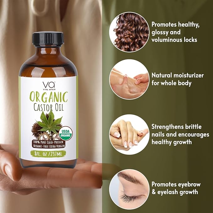 Castor Oil Organic Cold Pressed Unrefined Glass Bottle - USDA Certified Castor Oil For Hair Growth, Skin, Eyelashes, Eyebrows & Nails - 8 Fl Oz