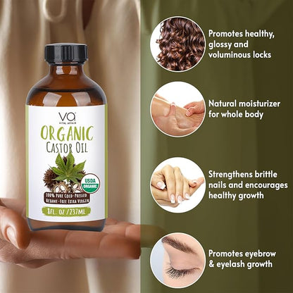 Castor Oil Organic Cold Pressed Unrefined Glass Bottle - USDA Certified Castor Oil For Hair Growth, Skin, Eyelashes, Eyebrows & Nails - 8 Fl Oz