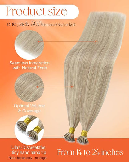 Sunny Hair Nano Bead Hair Extensions Real Human Hair Ash Blonde Highlights Bleach Blonde Nano Tip Hair Extensions Real Human Hair for Women Nano Natural-Looking Hair Extensions 50G