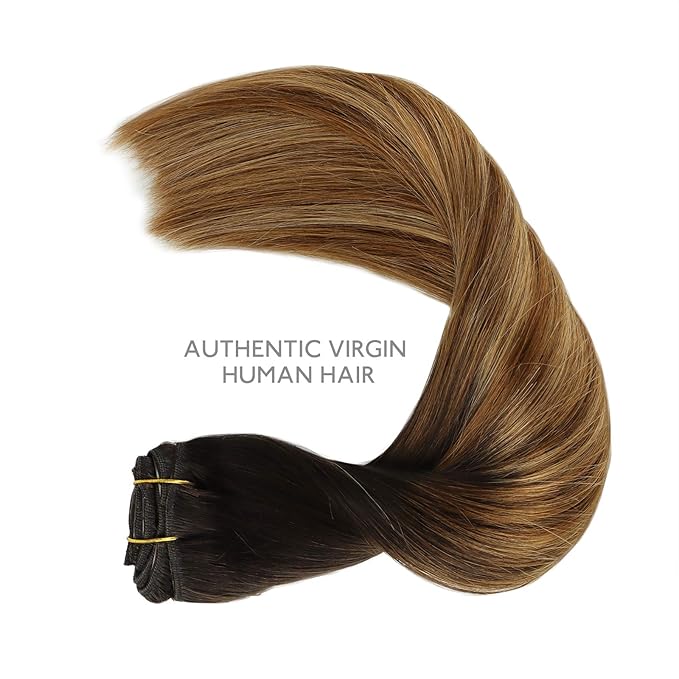 WENNALIFE Clip in Hair Extensions Real Human Hair, 14 Inch 120g 7pcs Dark Brown to Chestnut Brown and Dirty Blonde Highlighted Clip In Human Hair Remy Clip in Hair Extensions Double Weft