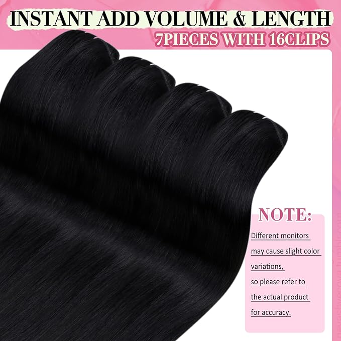 YoungSee 24inch Clip in Hair Extensions Human Hair Black Human Hair Extensions Clip ins Jet Black Blend Natural with Own Hair 24Inch 120G 7Pcs