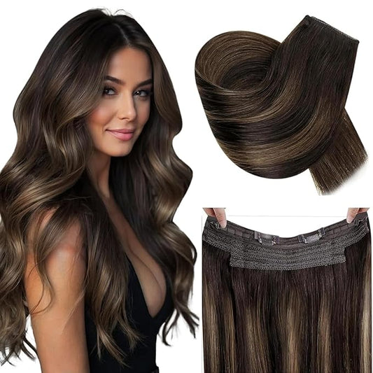 RUNATURE Wire Hair Extensions, Real Human Hair Extensions with Fish Line, Balayage Brown Roots Clip in One Piece Hair Extensions for Women, Straight Silky Natural Hair, 18 Inch 80g #2/2/6