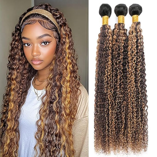 Ombre Curly Bundles P427 Kinky Curly Bundles Dark Brown and Honey Blonde Two Tone Brazilian Human Hair Extensions Soft and Silky for Black Women 10 12 14 Inch