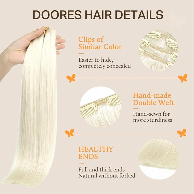 DOORES Hair Extensions Real Human Hair Clip in, White Blonde 18 Inch 120g 7pcs, Remy White Hair Extensions Clip ins Silky Straight Thick for Women