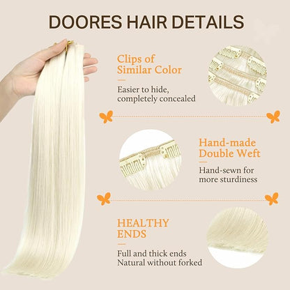 DOORES Hair Extensions Real Human Hair Clip in, White Blonde 18 Inch 120g 7pcs, Remy White Hair Extensions Clip ins Silky Straight Thick for Women
