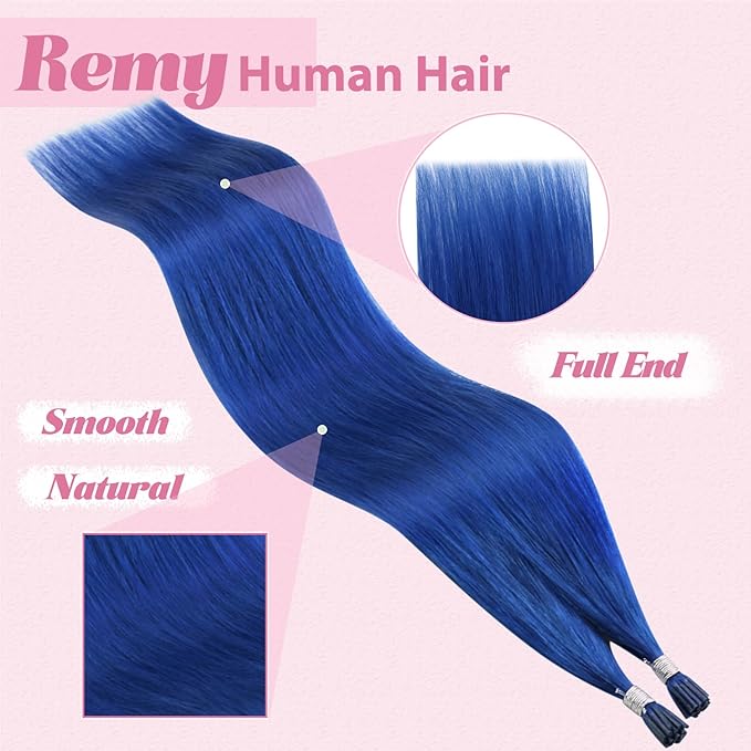 YoungSee Blue I Tips Hair Extensions 25g Blue I Tip Extensions 16 Inch Colorful Hair Extension I Tip 40s Blue Human Hair Extensions I Tip for Women Tip Human Hair Extensions for Prom