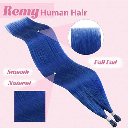 YoungSee Blue I Tips Hair Extensions 25g Blue I Tip Extensions 16 Inch Colorful Hair Extension I Tip 40s Blue Human Hair Extensions I Tip for Women Tip Human Hair Extensions for Prom