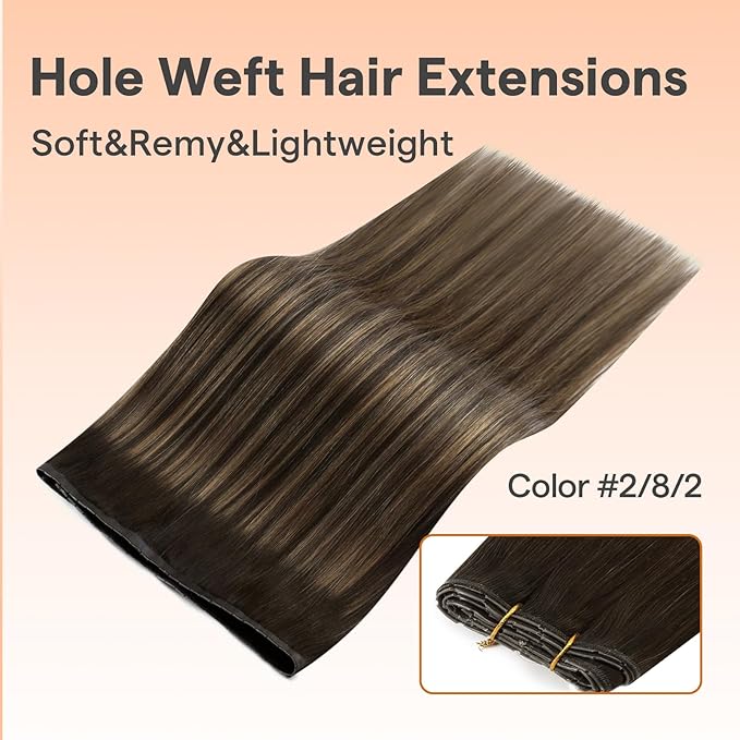 Full Shine Butterfly Weft Hair Extensions 22 Inch Invisible Weft Human Hair Pu Hole Weft For Women Color 2/8/2 Dark Brown To Light Brown Invisible Weave Bundles 100 Grams