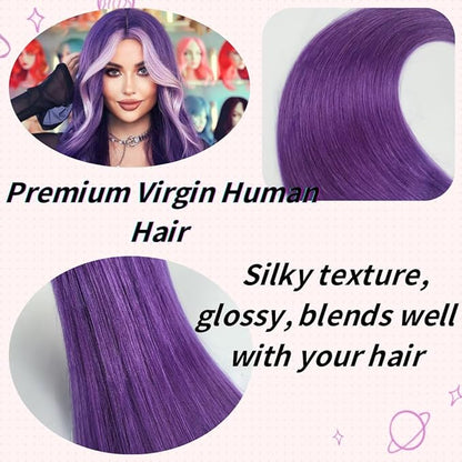 Purple Tape in Hair Extensions Human Hair Seamless 16 Inch Silky Straight Colored Hair Extensions Tape in for Girls