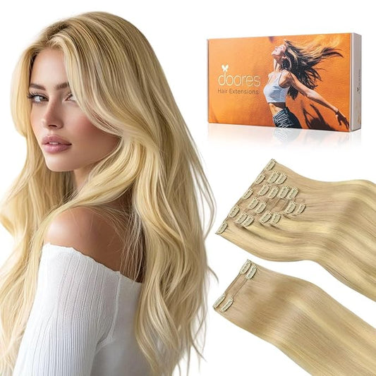 DOORES Clip in Hair Extensions Human Hair, Dirty Blonde Mixed Platinum Blonde 150g 9pcs 20 Inch, Remy Hair Extensions Clip in Straight Thick