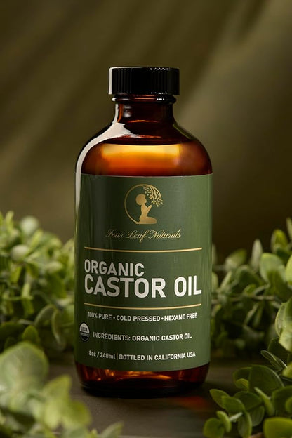 Four Leaf Naturals Organic Unrefined Castor Oil - 8 oz | USDA Certified | Cold-Pressed | Hexane-Free | For Hair, Skin & Digestion