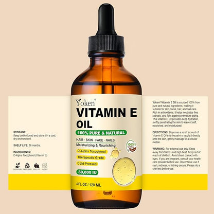 Yoken Vitamin E Oil 4 Fl Oz Organic Vitamin E oil for Skin 30,000 IU Vitamine oils for Scars Hair, Face, Nail, Scalp Perfect Bath and Body Oil, Cold Pressed Hexane Free Non-GMO Gluten Free Formula