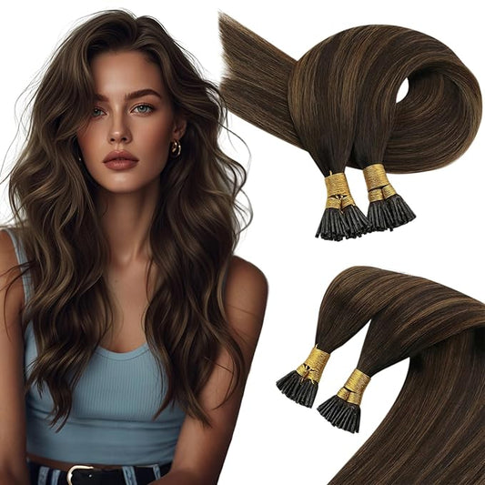 Sunny Hair I Tip Hair Extensions Human Hair Brown Soft Itip Hair Extension Real Human Hair Dark Brown to Medium Brown Balayage I Tip Hair Extensions Invisible Tip Hair Extensions Add Volume 50G 20in