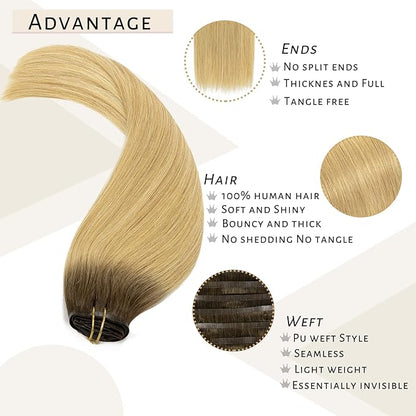 Caliee 16Inch Balayage Clip in Hair Extensions Real Human Hair R4/18 Ash Blonde With Medium Brown Roots 7Pcs PU Clip in Human Hair Extensions 110G Silky Soft Natural Remy Hair for Women