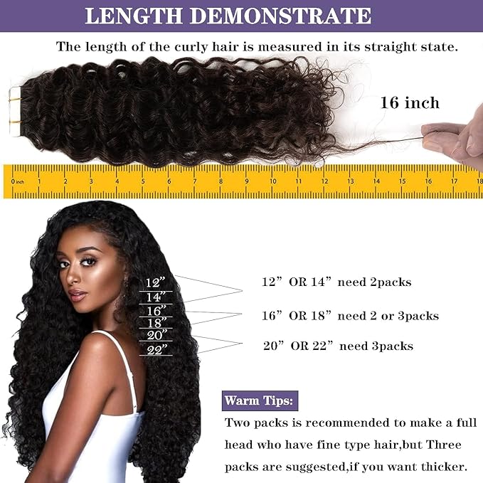 Jerry Curly Tape in Hair Extensions Human Hair 12 Inch Full Head Tape in Extensions for Black Women 3B 3C Natural Black #1B Remy Human Hair Tape in Extensions 20Pcs 50G