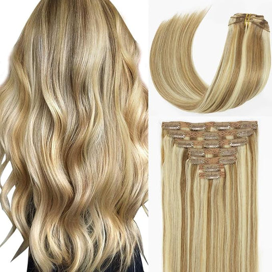 Caliee Clip in Hair Extensions Human Hair for Women Long Soft Silky Double Weft Lace Clip ins P10-613 Highlight Golden Brown and Bleach Blonde 7PCS 20 Inch 120G Real Hair Clip in Hair Extensions