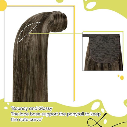 RUNATURE Human Hair Ponytail Wrap Around Ponytail Extension Human Hair with Magic Paste Long Real Ponytail Hair Extensions 20 Inch 80g #2P8A Dark Brown Highlight Light Brown