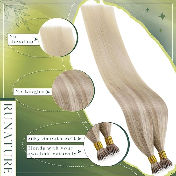 RUNATURE 22 Inch Nano Bead Hair Extensions Human Hair Ombre Ash Blonde Mix Light Blonde Fading to Platinum Blonde Remy Nano Extensions Human Hair Silky Nana Link Human Hair Extensions 50g 50s