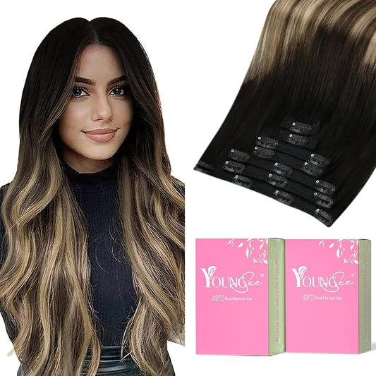 YoungSee Clip in Human Hair Extensions Ombre Human Hair Clip in Extensions Balayage Black to Blonde with Brown Hair Extensions Real Human Hair Easy to Wear 120G 7Pcs 14Inch