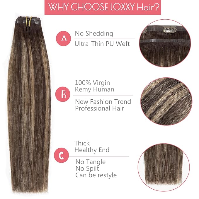 Loxxy Real Hair Extensions - Clip-In Human Hair Ombre Dark Brown to Chestnut Brown - Invisible Clip Ins - 18in, 130g, 7pcs - Seamless, Silky Straight, Thick Remy