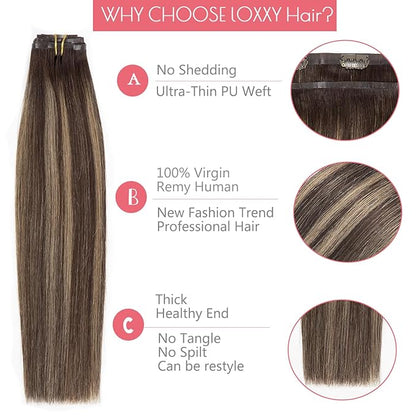 Loxxy Real Hair Extensions - Clip-In Human Hair Ombre Dark Brown to Chestnut Brown - Invisible Clip Ins - 18in, 130g, 7pcs - Seamless, Silky Straight, Thick Remy