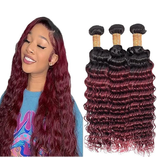 1B99j Ombre Deep Wave Bundles Two Tone Black and Burgundy Deep Wave Bundles Brazilian Human Hair Weave Soft and Silky for Women 14 16 18 Inch