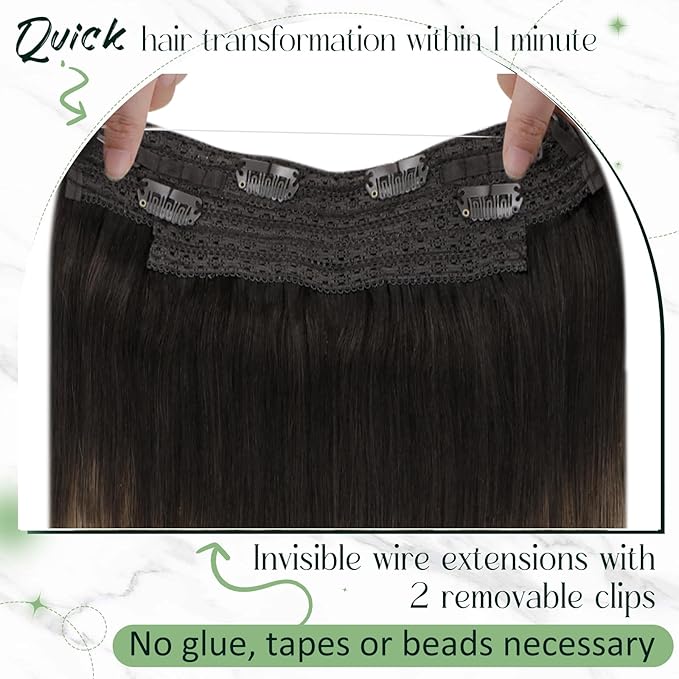 RUNATURE Invisible Wire Hair Extensions Real Human Hair, 20 Inch 100g Transparent Fish Line Human Hair Extensions Brown Ombre Natural Hair, #2/6/18 Dark Brown to Chestnut Brown and Ash Brown