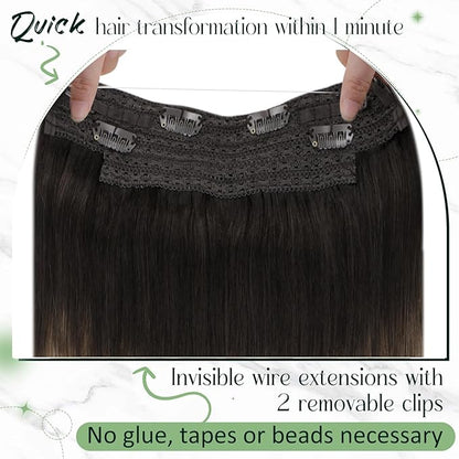 RUNATURE Invisible Wire Hair Extensions Real Human Hair, 20 Inch 100g Transparent Fish Line Human Hair Extensions Brown Ombre Natural Hair, #2/6/18 Dark Brown to Chestnut Brown and Ash Brown