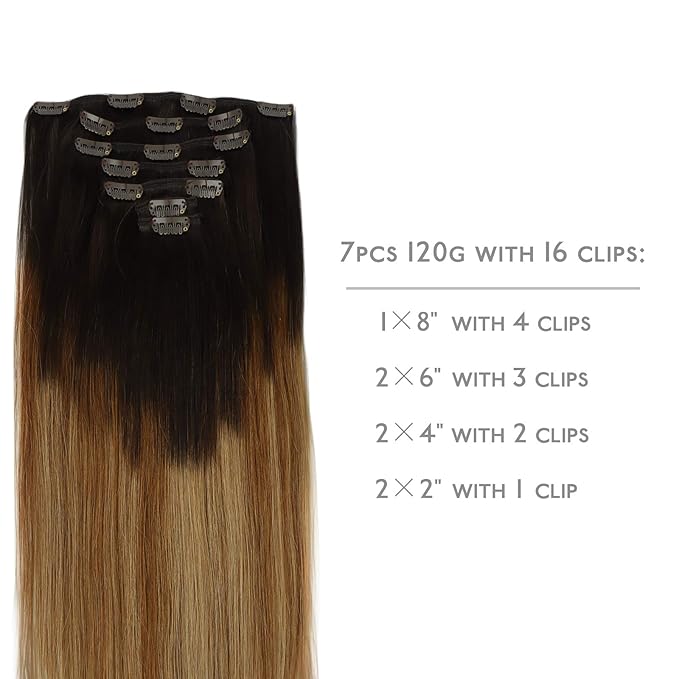 WENNALIFE Clip in Hair Extensions Real Human Hair, 14 Inch 120g 7pcs Dark Brown to Chestnut Brown and Dirty Blonde Highlighted Clip In Human Hair Remy Clip in Hair Extensions Double Weft