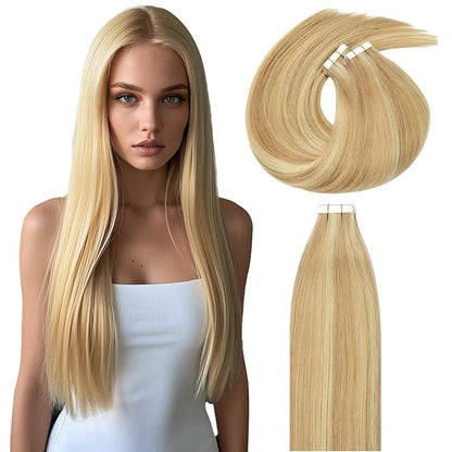 Lacer Tape in Hair Extensions Human Hair 16 Inch Dark Ash Blonde Mixed Platinum Blonde Invisible Tape in Hair Extensions Seamless Silky Straight 20 Pcs 50 Grams