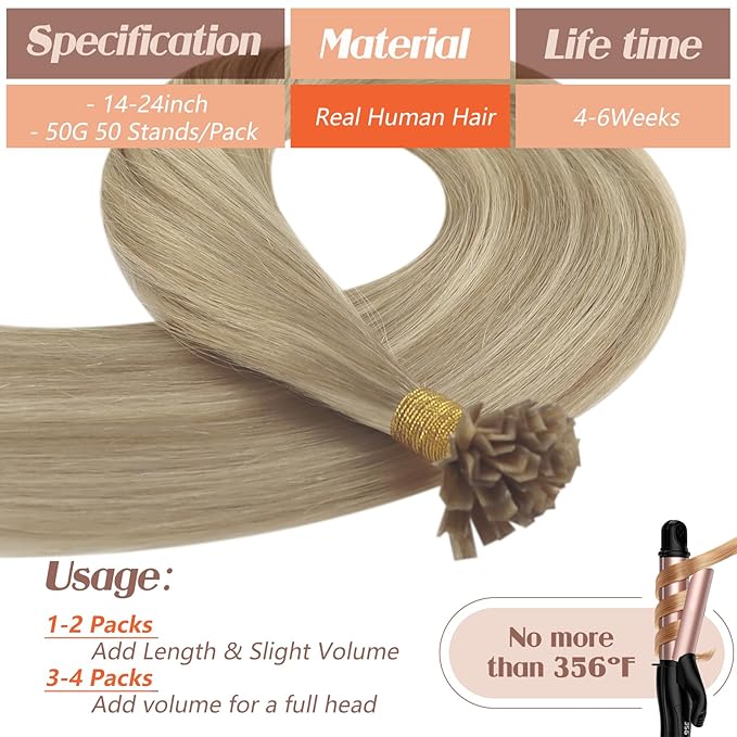 Sunny Hair K Tip Hair Extensions Blonde Ktip Hair Extensions Human Hair Ash Blonde Highlight Golden Blonde Ktips Hair Extensions Human Hair Pre Bonded Fusion Hair Extension Soft and Silky 20inch 50g