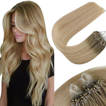 Sunny Hair 22inch Micro Link Hair Extensions Human Hair Soft Micro Bead Hair Extensions Human Hair Sunshine Blonde Micro Ring Ash Blonde Balayage Platinum Blonde with Highlight 50G