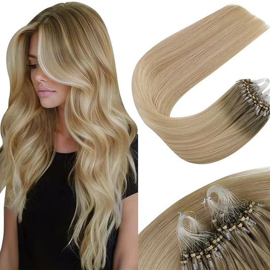 Sunny Hair 22inch Micro Link Hair Extensions Human Hair Soft Micro Bead Hair Extensions Human Hair Sunshine Blonde Micro Ring Ash Blonde Balayage Platinum Blonde with Highlight 50G