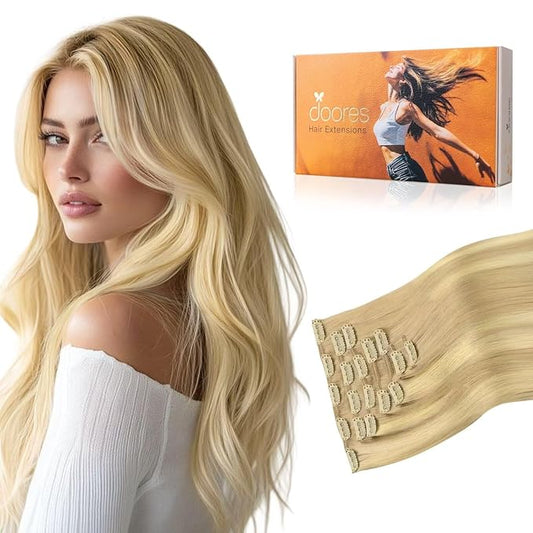 DOORES Hair Extensions Clip in Human Hair, Dirty Blonde Mixed Platinum Blonde 100g 7pcs 14 Inch, Remy Clip in Extensions Real Silky Weft