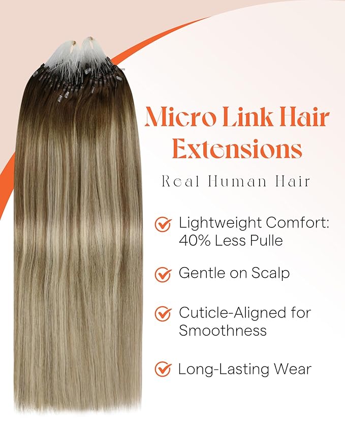Sunny Hair Micro Hair Extensions Real Human Hair 22inch Micro Link Hair Extensions Instant Image Improvement Micro Loop Hair Brown Balayage Ash Brown Pre Bonded Enhance Texture 50g