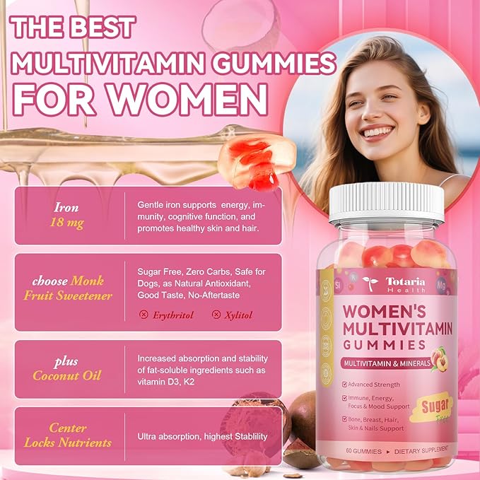 Sugar Free Multivitamin Gummies for Women 14+ w/Iron, Inositol, Folate, Biotin, Womens Daily Multivitamin Gummy w/Vitamin A, C, B, D3, K2, for Hair, Skin, Energy, Immune, Peach Flavor