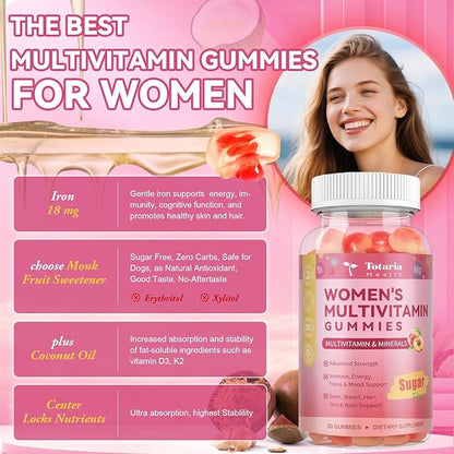 Sugar Free Multivitamin Gummies for Women 14+ w/Iron, Inositol, Folate, Biotin, Womens Daily Multivitamin Gummy w/Vitamin A, C, B, D3, K2, for Hair, Skin, Energy, Immune, Peach Flavor