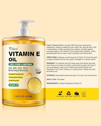 Yoken Vitamin E Oil 16 Fl Oz Organic Vitamin E Oil for Skin 85,000 IU Bulk Vitamine oils for Scars Hair,Face,Nail,Cold Pressed Hexane Free Formula Liquid Perfect Scalp Care Bath and Body oils